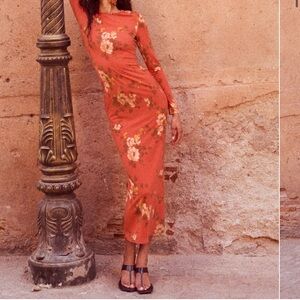 Reformation Tommie Rust Floral Long-Sleeve Midi Dress